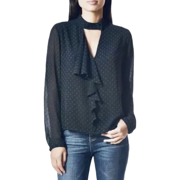 Avec Les Filles Mock Neck Ruffle Polka Dot Blouse Black Blue XS - Picture 1 of 6